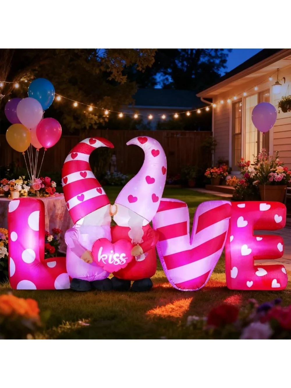 8ft Love Inflatable with Kissing Gnomes, LED Lights for Valentine's Day Decor